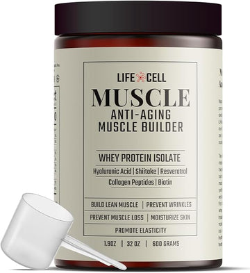 LifeCell Whey Protein – Anti-Aging Muscle Builder with Shiitake Mushroom, Collagen & Hyaluronic Acid – Chocolate, No Sugar Added, Soy-Free, Gluten-Free, 600g (18 Servings)