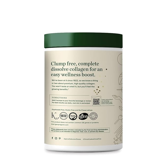 Great Lakes Wellness Collagen Peptides Powder for Skin, Hair, Nails, Joints & Digestion - Unflavored - Quick Dissolve Hydrolyzed, Non-GMO, Keto, Kosher - 20 oz