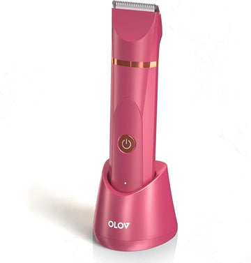 OLOV Electric Body Hair Trimmer - Groin Trimmer for Men - Bikini Trimmer Women - Wet/Dry Shaver Groomer, Replaceable Ceramic Blade Heads, USB Recharge Dock, Waterproof Hygiene Razor, Red