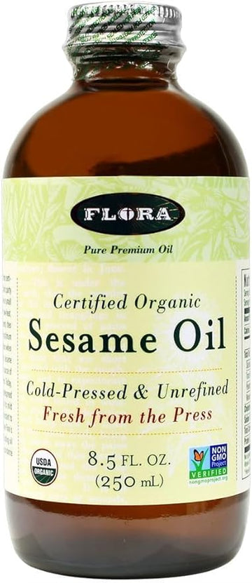 Flora - Certified Organic Sesame Oil - Cold-Pressed Cooking Oil with Essential Fatty Acids - Vegan, Kosher & Non-GMO - 8.5 fl. oz. Glass Bottle