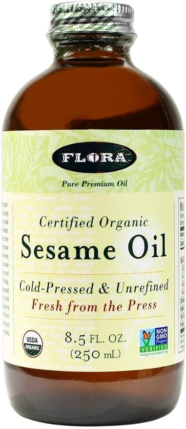 Flora - Certified Organic Sesame Oil - Cold-Pressed Cooking Oil with Essential Fatty Acids - Vegan, Kosher & Non-GMO - 8.5 fl. oz. Glass Bottle