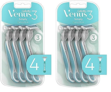 Gillette Venus Simply 3 Sensitive Women's Disposable Razors, Pack of 2 with 4 razors