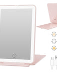 FUNTOUCH Rechargeable Travel Makeup Mirror with 72 Led Lights, Portable Lighted Makeup Mirror, 3 Color Lighting, Dimmable Touch Screen, Type C, Tabletop LED Folding Cosmetic Vanity Mirror (Pink)