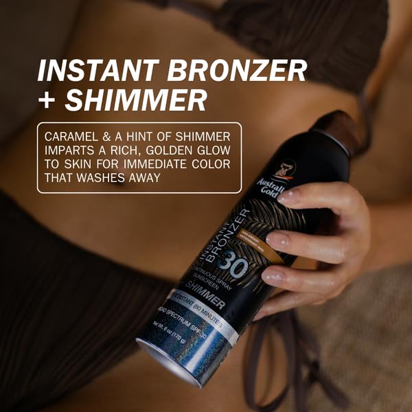 Australian Gold SPF 30 Continuous Sunscreen Spray with Instant Bronzer & Shimmer, 6 oz, Broad Spectrum UVA/UVB Protection, Water Resistant Scented Spray Sunscreen, Cocoa Dreams Fragrance