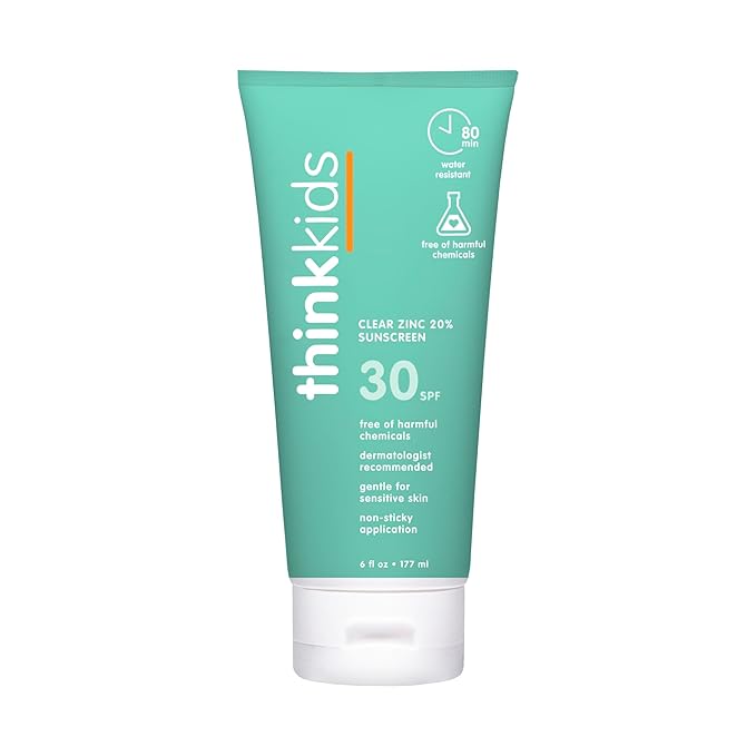 Thinkkids SPF 30 Mineral Sunscreen for Kids, Clear Zinc Oxide, 6 fl oz, Natural, Vegan, Reef Safe, Water Resistant Broad Spectrum UVA/UVB Sun Protection
