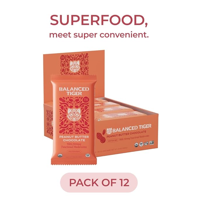 Organic Functional Mushroom Protein Bars | Full Dose (1500mg) Lions Mane, Chaga, Reishi & Cordyceps Bars | Vegan Protein Bars, Adaptogens, Superfoods Protein Bars | Peanut Butter Chocolate Flavor