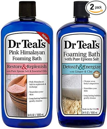 Dr Teal's Foaming Bath Variety Gift Set (2 Pack, 34oz Ea.) - Restore & Replenish Pink Himalayan, Detoxify & Energize Ginger & Clay - Essential Oils with Epsom Salt Eases Aches & Pains, Relieves Stress