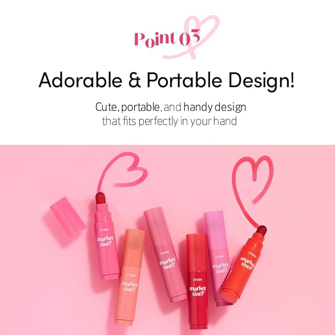 ETUDE Dear Darling Marker Tint #3 Apple Candy (5g) | Hydrating & Long Lasting Lip Stain | High Pigmented Lip Maker with Easy Drawing Tip | Korean Daily Lip Tint, Korean Makeup, Kbeauty