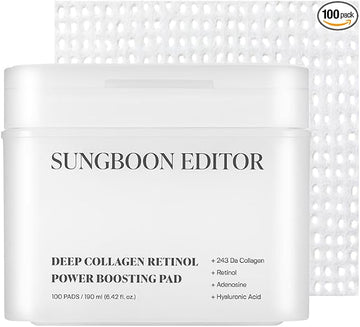 SUNGBOON EDITOR Deep Collagen Retinol Power Boosting Pads | Real Collagen, Retinol, Deep Hydration, Skin Elasticity for Dry Skin, Wrinkles, Korean Moisturzier, Korean Skin Care, Serum for Face,100ea