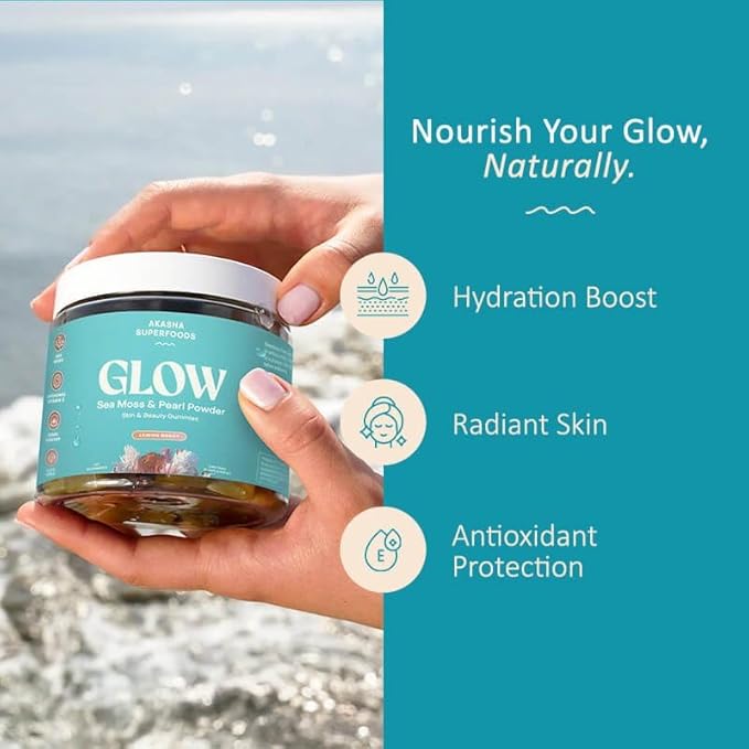 Akasha Superfoods Sea Moss Glow Gummies, Hair, Skin & Nails Vitamins with Seamoss, Pearl Powder, Vitamin E, Aloe Vera, Liposomal Vitamin C, and Irish Sea Moss, Gummies for Women & Men, 60 Count