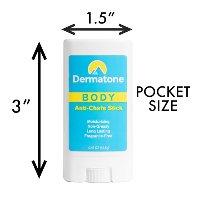 DERMATONE Travel Size Anti-Chafe Body Balm | Fragrance Free | Anti Chafing Stick | Pevent Friction & Skin Irritation | Long Lasting | Use for thigh, arm, chest, butt, ball chafing | Small .5oz Stick