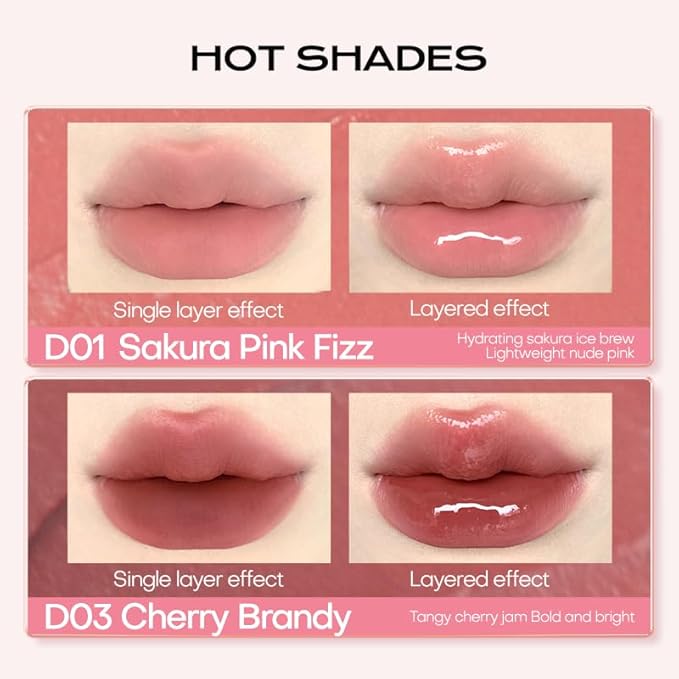 Mistine Lip Gloss Double Headed Lip Glaze Color Holding Lip Jelly Hydrating Gloss Moisturizing Balms Sheer Tint, Shine Glowy Matte Finish 0.05fl oz+0.05 fl oz D02