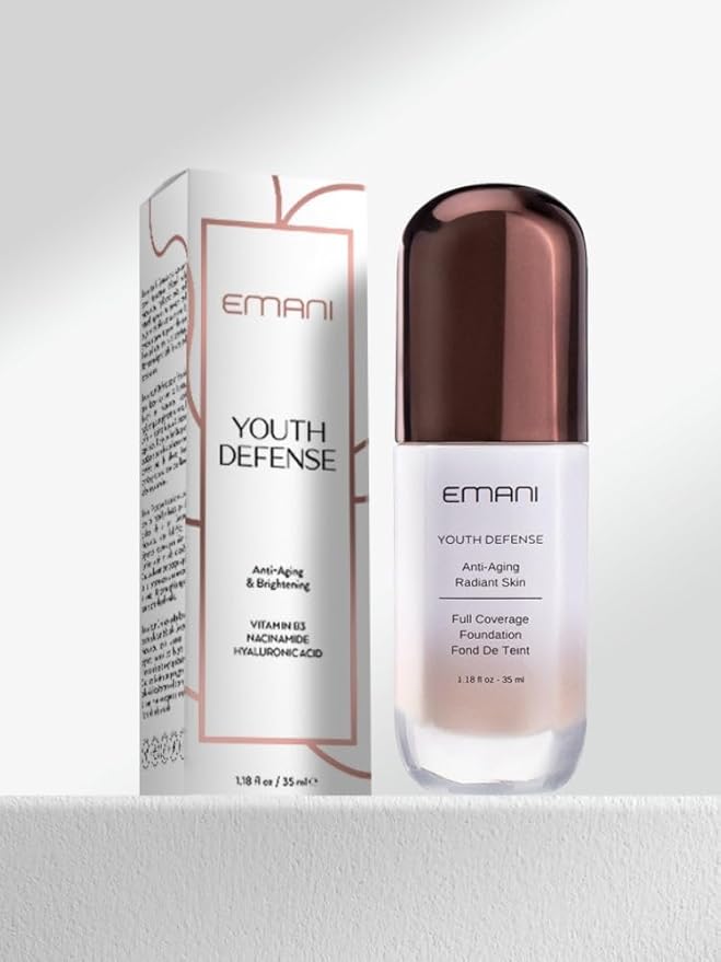 Emani Youth Defense Foundation with Hyaluronic Acid - Anti-Aging, Full Coverage - Protects Face and Brightens Skin Discoloration, Tan