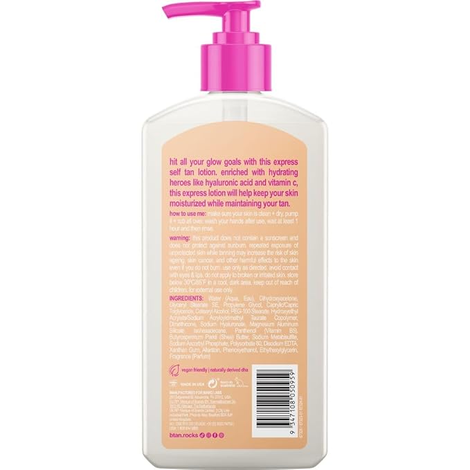 b.tan Dark Self Tanner Lotion | Glow Your Own Way, 1 Hour Express - Daily Quick Sunless Tanning Cream, Best Natural Bronze, Hydrating Vitamin C, Face & Body, No Fake Tan Smell, 8 Fl Oz