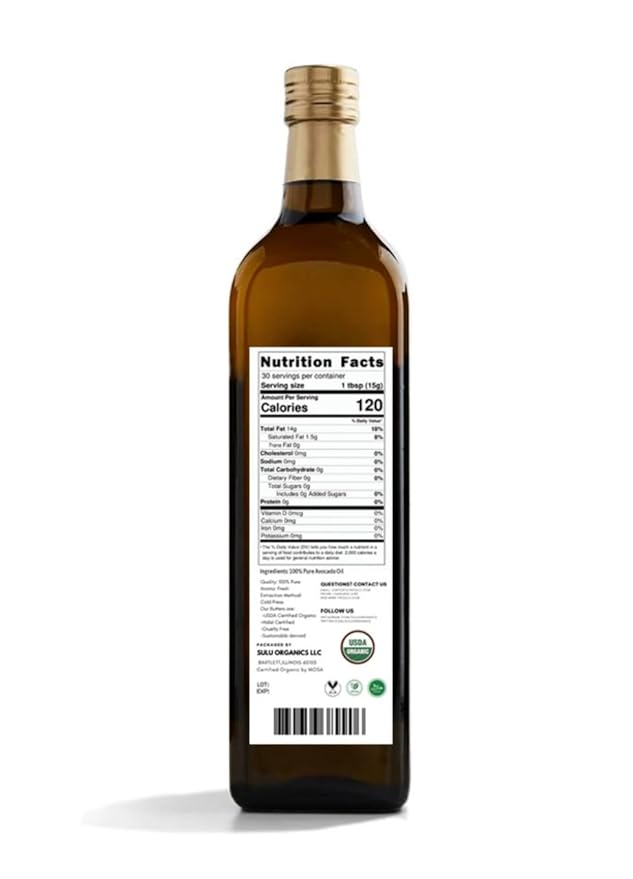 USDA Certified Organic Cold Pressed Unrefined Raw Avocado Oil - 16 fl.oz