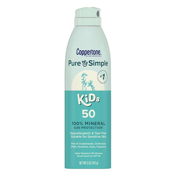 Coppertone Pure and Simple Kids Sunscreen Spray SPF 50, Zinc Oxide Mineral Sunscreen for Sensitive Skin, Hypoallergenic and Tear Free, 5 Oz Can