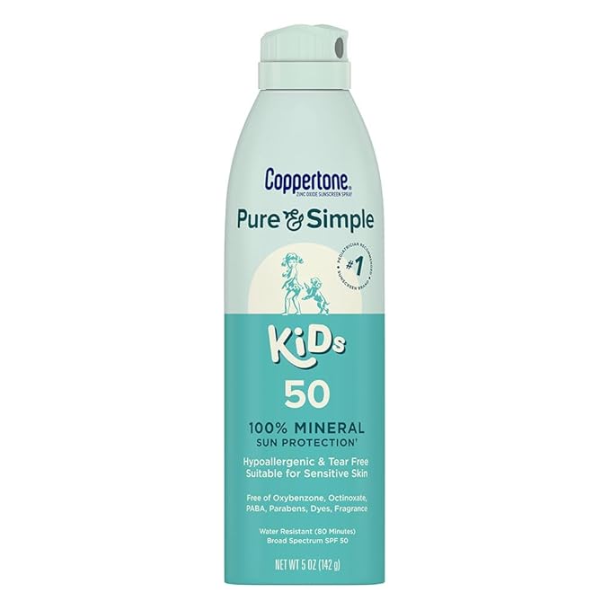 Coppertone Pure and Simple Kids Sunscreen Spray SPF 50, Zinc Oxide Mineral Sunscreen for Sensitive Skin, Hypoallergenic and Tear Free, 5 Oz Can