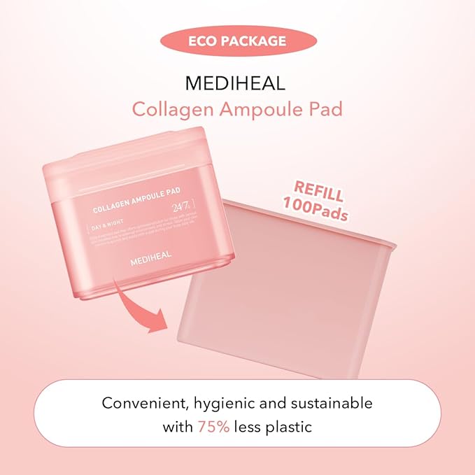 (Only Refill) Mediheal Collagen Ampoule Pad (100 Pads) - Cotton Facial Toner Pads for Skin Firming & Restore Elasticity - Vegan Eco Silk Pad
