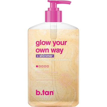 B.TAN Clear Gradual Self Tan Gel | Glow Your Own Way Shimmer - Sunkissed Golden Bronze, Transfer Free, Best Extender, Moisturizing, Non Toxic Sunless Tanning Lotion, No Fake Tanner Smell, 16 Fl Oz