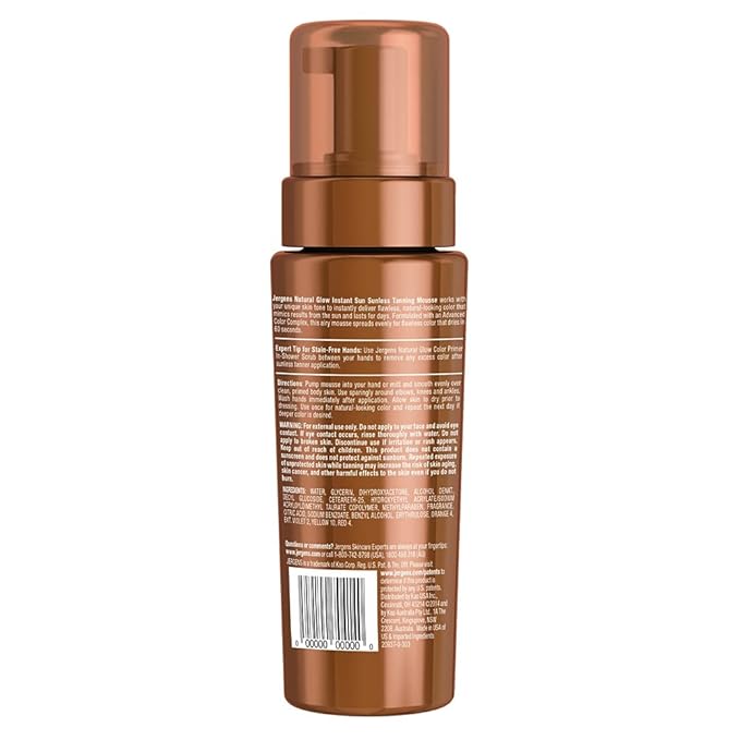 Jergens Natural Glow Instant Self Tanner Mousse, Sunless Tanning Light Bronze Tan, for a Natural-looking Tan, 6 Oz, Pack of 2
