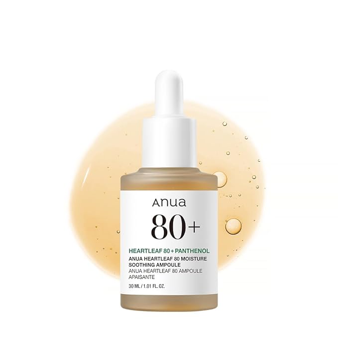 Anua Heartleaf 80 Soothing Ampoule, Hydration Facial Serum for Glass Skin, Panthenol, Hyaluronic Acid, Non-Greasy, Gentle Formula, Lightweight Essence, Vegan, Korean Skin Care, 30ml/1.01 fl.oz