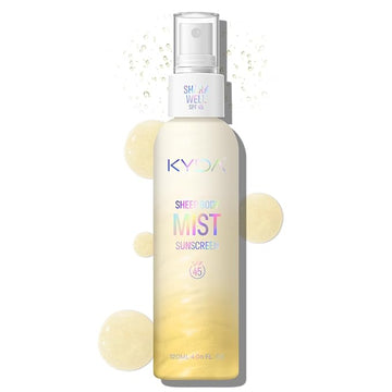 KYDA Sheer Body Sunscreen Mist, SPF 45, Radiant Glow Sunscreen Spray, Infused with Shimmer Body Oil, Ultra-fine Glowing Mist, Quick Drying, Lightweight Hydrating Spray, 4.06 fl oz, GOLD