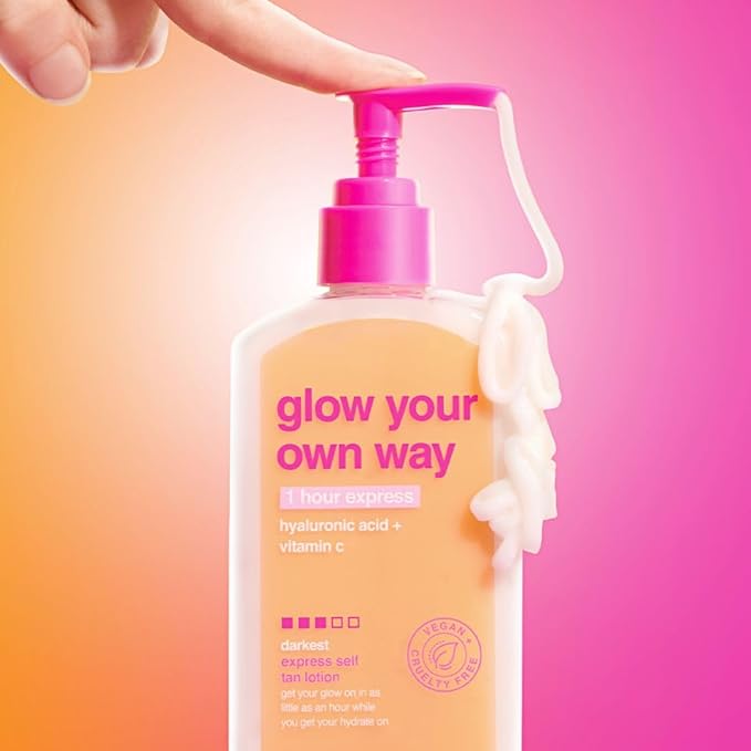 b.tan Dark Self Tanner Lotion | Glow Your Own Way, 1 Hour Express - Daily Quick Sunless Tanning Cream, Best Natural Bronze, Hydrating Vitamin C, Face & Body, No Fake Tan Smell, 8 Fl Oz