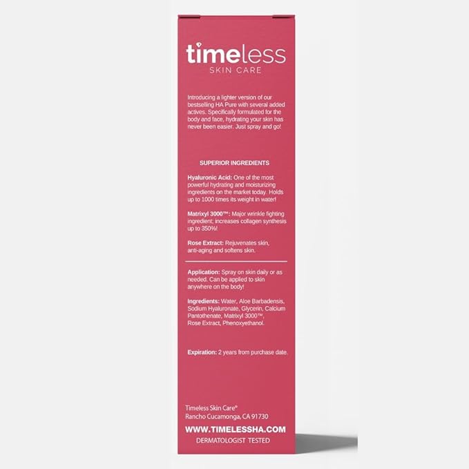 Timeless Skin Care HA Matrixyl 3000 with Rose Spray - Skin Care Mist with Hyaluronic Acid - Fragrance-Free Hydrating Face Spray - Soothing Matrixyl Mist - 4 oz