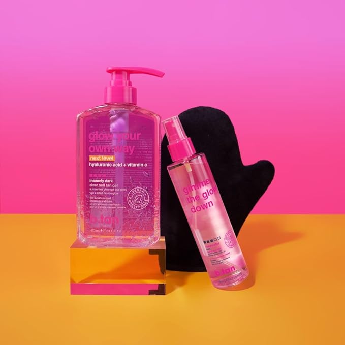 b.tan Clear Self Tanning Gel & Face Spray Kit | Glow Your Own Way Next Level + Gradual Facial Tan Mist Bundle - Dark, 1 Hour Express, Transfer-Resistant Fake Tanner, with Body Mitt Applicator