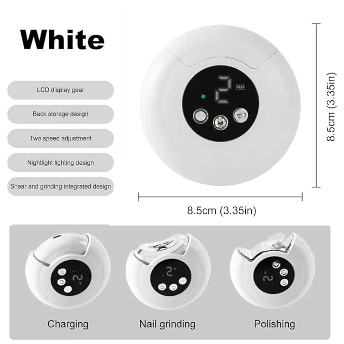 Electric Nail Trimmer and Polisher, 2-in-1 Portable Clipper with LED Display, 3 Speed Settings, Rechargeable (White)