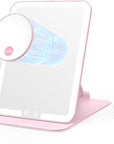 Benbilry Foldable Travel Makeup Mirror with Lights and 20X Magnification, Rechargeable Tabletop LED Vanity Mirror with Adjustable Stand, 3-Colored Dimmable Lighting, Portable Cosmetic Mirror, Pink
