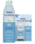 Coppertone Pure and Simple Mineral Sunscreen Spray SPF 50 (5 Oz) + Sunscreen Stick SPF 50 (0.49 Oz) with Zinc Oxide Protection, Hypoallergenic, Fragrance Free