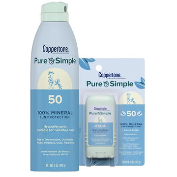 Coppertone Pure and Simple Mineral Sunscreen Spray SPF 50 (5 Oz) + Sunscreen Stick SPF 50 (0.49 Oz) with Zinc Oxide Protection, Hypoallergenic, Fragrance Free