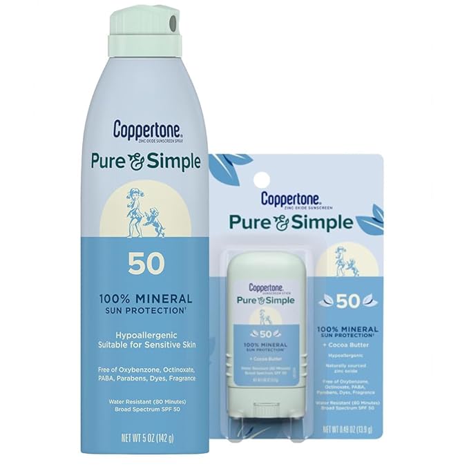 Coppertone Pure and Simple Mineral Sunscreen Spray SPF 50 (5 Oz) + Sunscreen Stick SPF 50 (0.49 Oz) with Zinc Oxide Protection, Hypoallergenic, Fragrance Free