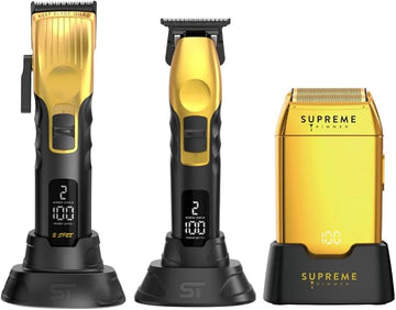Supreme Trimmer 3-in-1 Barber Bundle | 2Spee Clipper, 2Spee Trimmer & Crunch Foil Shaver | Professional Beard Trimmer Men’s Hair Clipper Kit | (Gold)
