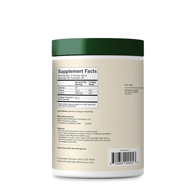 Great Lakes Wellness Collagen Peptides Powder for Skin, Hair, Nails, Joints & Digestion - Unflavored - Quick Dissolve Hydrolyzed, Non-GMO, Keto, Kosher - 20 oz