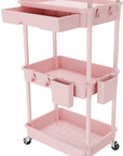REBECAT 3 Tier Rolling Utility Cart with Drawer,Storage Cart,Rolling Cart for Kitchen,Bathroom,Living Room,Storage Organizer with Iron Wheels（Pink