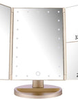 deweisn Floor Mount Tri-Fold Lighted Vanity Mirror with 21 LED Lights, Touch Screen and 3X/2X/1X Magnification, Two Power Supply Modes Make Up Mirror,Travel Mirror