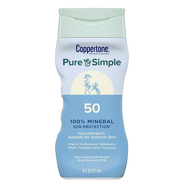 Coppertone Pure and Simple Zinc Oxide Mineral Sunscreen Lotion SPF 50, Water Resistant Sunscreen for Sensitive Skin, Hypoallergenic and Fragrance Free, 6 Fl Oz Bottle