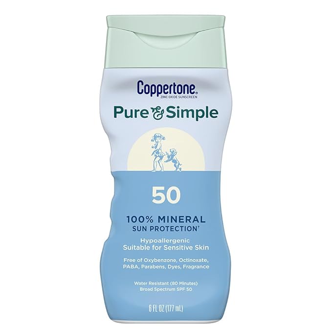 Coppertone Pure and Simple Zinc Oxide Mineral Sunscreen Lotion SPF 50, Water Resistant Sunscreen for Sensitive Skin, Hypoallergenic and Fragrance Free, 6 Fl Oz Bottle