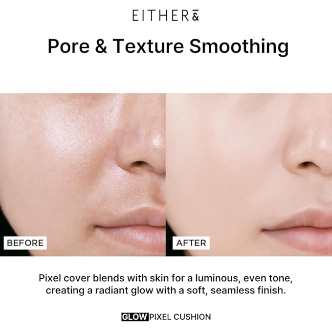 EITHER& Glow Pixel Cushion Foundation, Glowy Skincare, Korean Makeup, Natural Coverage, Moisturizing, Lightweight, Long Lasting Coverage for Flawless Skin (23N Sand)