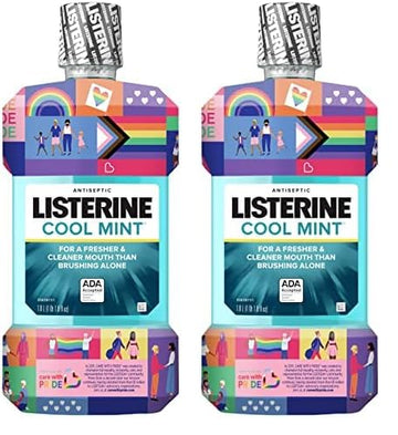 Listerine Cool Mint Antiseptic Mouthwash to Kill 99% of Germs That Cause Bad Breath, Plaque and Gingivitis, Cool Mint Flavor, Special Care with Pride Packaging, 1 L (Pack of 2)