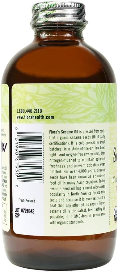 Flora - Certified Organic Sesame Oil - Cold-Pressed Cooking Oil with Essential Fatty Acids - Vegan, Kosher & Non-GMO - 8.5 fl. oz. Glass Bottle