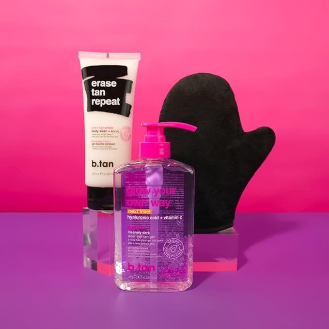 b.tan Clear Self Tanning Gel & Exfoliating Kit | Next Level + Erase Tan Repeat Bundle - 1 Hour Express, Transfer-Resistant Ultra Dark Fake Tanner, 2-in-1 Exfoliator Scrub & Body Wash with Mitt