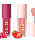 2Pack Big Brush Head Hydrating Lip Glow Oil Plumping Lip Tint, Hydrating Lip Gloss Tinted Lip Balm Transparent Lip Care, Long Lasting Nourishing Non-sticky Fresh Texture (Strawberry + Raspberry)