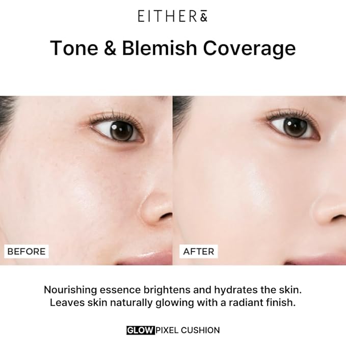 EITHER& Glow Pixel Cushion Foundation, Glowy Skincare, Korean Makeup, Natural Coverage, Moisturizing, Lightweight, Long Lasting Coverage for Flawless Skin (23N Sand)