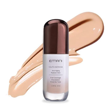 Emani Youth Defense Foundation with Hyaluronic Acid - Anti-Aging, Full Coverage - Protects Face and Brightens Skin Discoloration, Medium Light