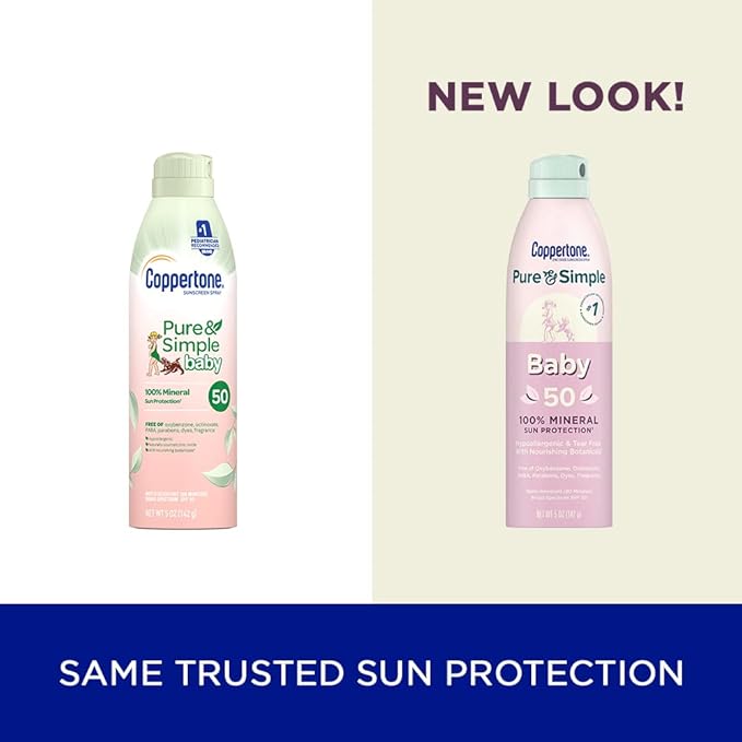 Coppertone Pure and Simple Baby Sunscreen Spray SPF 50, Zinc Oxide Mineral for Babies, Toddler, Water Resistant, Broad Spectrum, 5 Oz