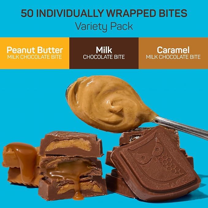 AWAKE - Caffeinated Chocolate Bites - Coffee Alternative - 50mg Caffeine - Energy Bars - Low-Calorie Snacks - Peanut Butter, Milk & Caramel Holiday Variety Pack - 50 Bites