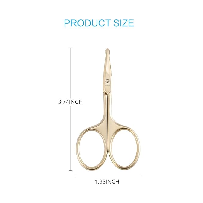 LIVINGO 3.75" Small Safety Facial Nose Hair Scissors, Curved Blade with Rounded Tip Stainless Steel for Manicure Cuticle, Eyebrow, Dry Skin (Gold)